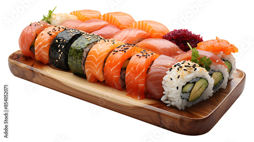 Tasty sushi food on a wooden board on a transparent png photo