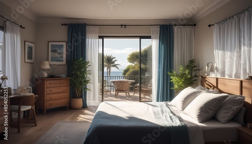 Quiet master bedroom with stunning ocean and beach views. Generative AI, Generative, AI