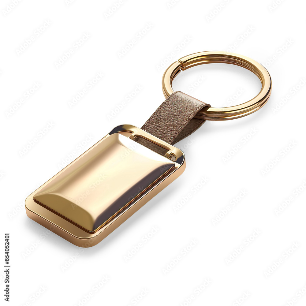 Luxury gold keychain with leather strap isolated on a transparent background Luxury gold keychain with leather strap isolated on a transparent background