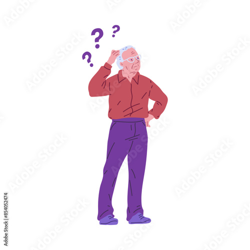 Vector illustration of an elderly man suffering from memory loss, surrounded by question marks symbolizing dementia.