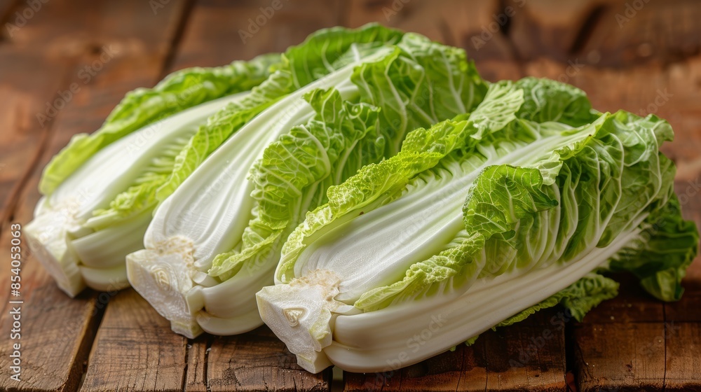 Side view of fresh chinese cabbage on wooden surface, healthy vegetable displayed on bleached board Side view of fresh chinese cabbage on wooden surface, healthy vegetable displayed on bleached board