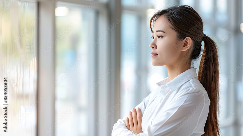 a young businesswoman in an office, looking out a window with arms folded, against a light background, with space for text. a young businesswoman in an office, looking out a window with arms folded, against a light background, with space for text.