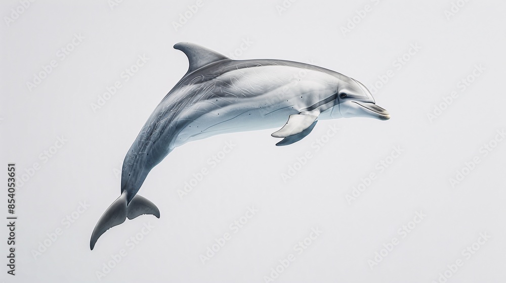Fototapeta premium A playful dolphin leaps through the air, its sleek body and acrobatic movements captured in mid-flight against a clean white background. The image embodies the animal's intelligence and grace,