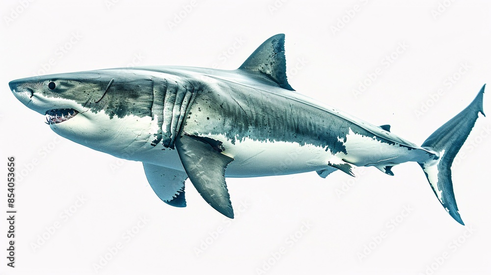 Naklejka premium A formidable great white shark, with its sleek, powerful body and piercing eyes, swims effortlessly against a stark white background. The image highlights the animal's predatory nature and impressive