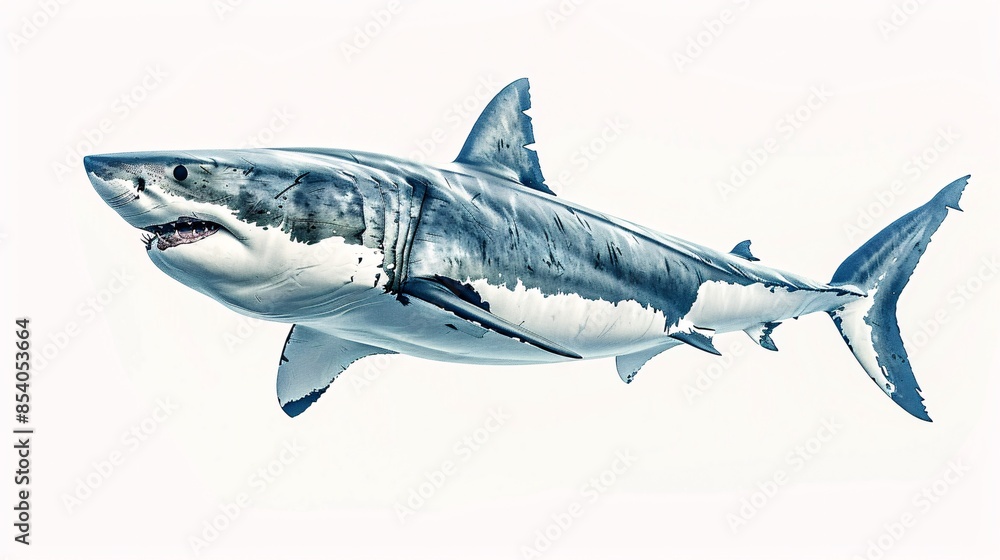 Obraz premium A formidable great white shark, with its sleek, powerful body and piercing eyes, swims effortlessly against a stark white background. The image highlights the animal's predatory nature and impressive
