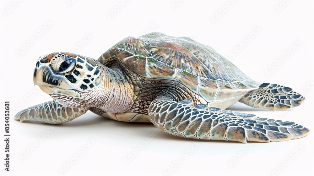 Fototapeta premium A wise-looking sea turtle, with its ancient, textured shell and gentle eyes, rests peacefully on a pristine white background. The image captures the animal's slow and deliberate movements,