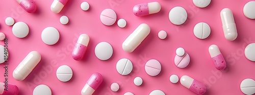  Two rows of white and pink pills against a pink background