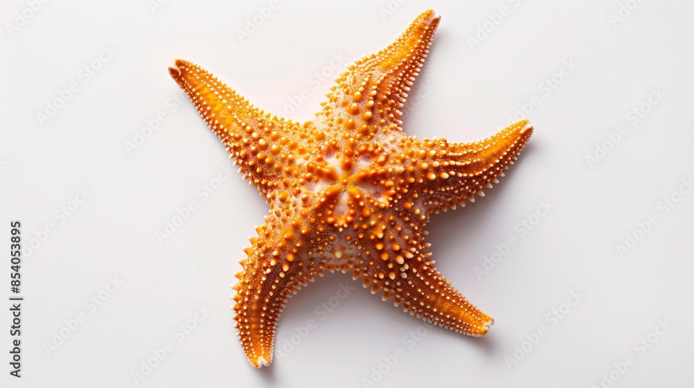 A five-pointed starfish, with its rough, textured surface and vibrant orange color, sits on a stark white background. The image captures the animal's unique shape and fascinating adaptations for life A five-pointed starfish, with its rough, textured surface and vibrant orange color, sits on a stark white background. The image captures the animal's unique shape and fascinating adaptations for life