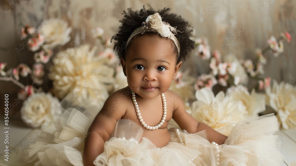 Baby girl in a tutu and pearl necklace, sitting amidst a set of elegant studio props Baby girl in a tutu and pearl necklace, sitting amidst a set of elegant studio props