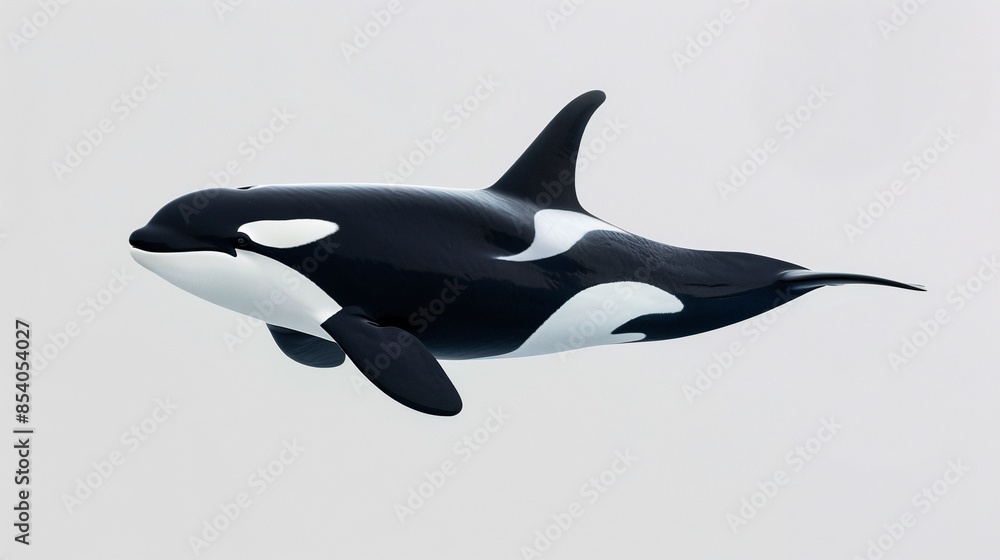 Obraz premium A powerful orca, with its distinctive black and white markings and sharp dorsal fin, swims through a pristine white background. The image showcases the animal's intelligence, social complexity, and