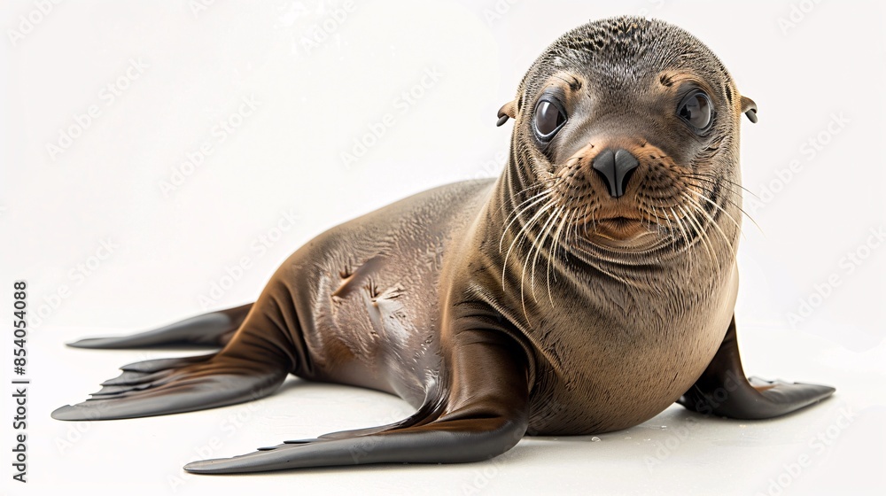 Fototapeta premium A playful sea lion, with its thick fur and expressive eyes, poses on a clean white background. The image captures the animal's playful personality and agility, showcasing its ability to both swim and