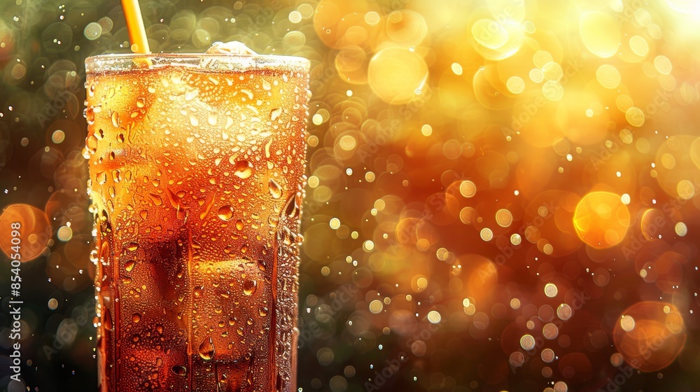 Cocktail in misted glass on bubble bokeh background, creating a mesmerizing scene Cocktail in misted glass on bubble bokeh background, creating a mesmerizing scene