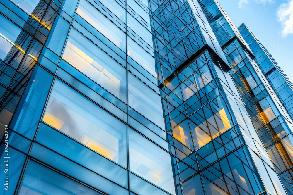 Modern architectural detail of the facade of a skyscraper with large glass windows
Modern architectural detail of the facade of a skyscraper with large glass windows