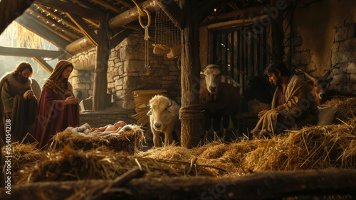 Fototapeta Naklejka Na Ścianę i Meble -  A nativity scene set in a rustic stable, featuring the Holy Family with baby Jesus in the manger, surrounded by animals.
