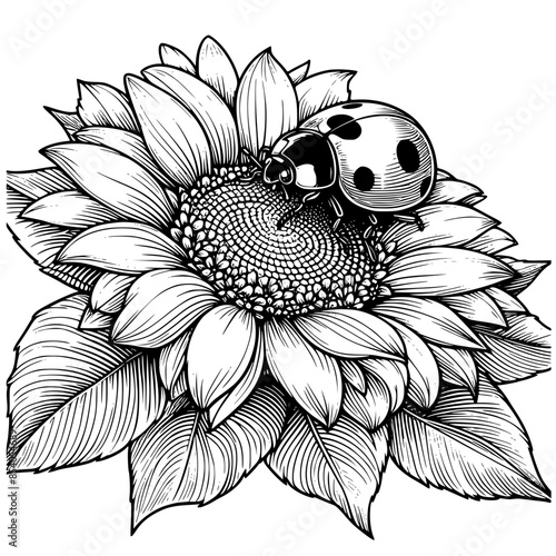 black and white flower and ladybug