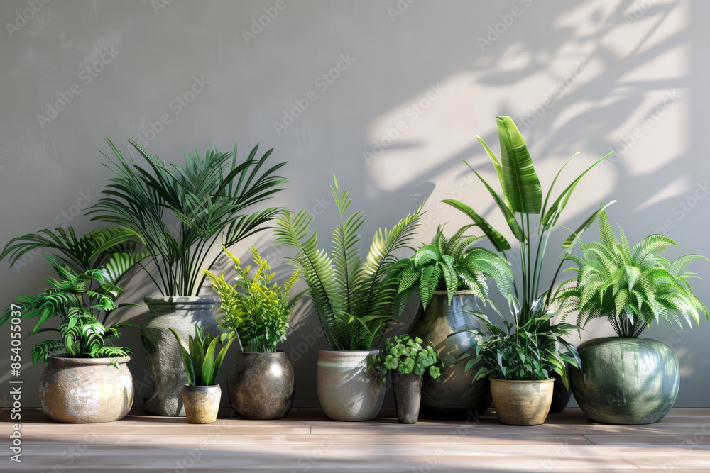 Various green plants arranged in a row on a table in pots against a wall background
Various green plants arranged in a row on a table in pots against a wall background