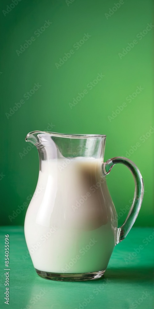 Milk in pitcher jug on green background. Milk in pitcher jug on green background.