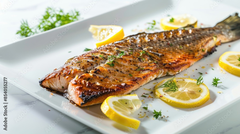 grilled fillet of trout garnished with lemon slices on a white plate with ample copy space grilled fillet of trout garnished with lemon slices on a white plate with ample copy space