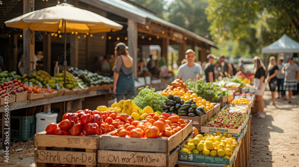 A variety of fresh produce is displayed on wooden crates at an outdoor market. A variety of fresh produce is displayed on wooden crates at an outdoor market.