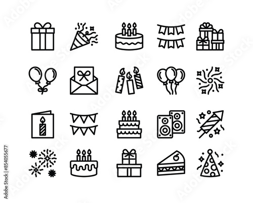Party icon set. Includes icons such as cake, gifts, balloons, fireworks and more. Birthday Outline icon collection. simple vector illustration