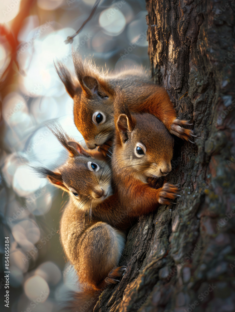 Three little squirrels hugging each other in a tree close up
Three little squirrels hugging each other in a tree close up