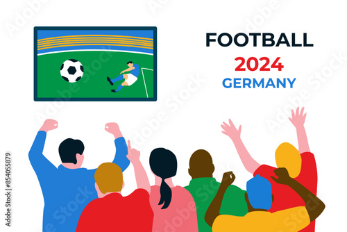 Group of happy fans are watching football on TV.  Football 2024 in Germany. Men and women are sitting in front of the TV .Vector illustration on a white background