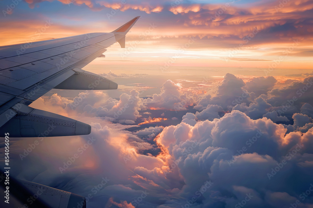 view from the plane on the wing with a beautiful raspberry sky with clouds
view from the plane on the wing with a beautiful raspberry sky with clouds