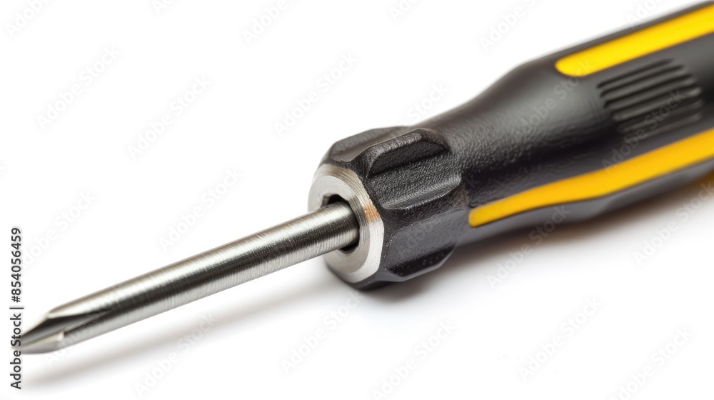 Black and yellow Phillips head screwdriver on white background with rod pointing downwards Black and yellow Phillips head screwdriver on white background with rod pointing downwards