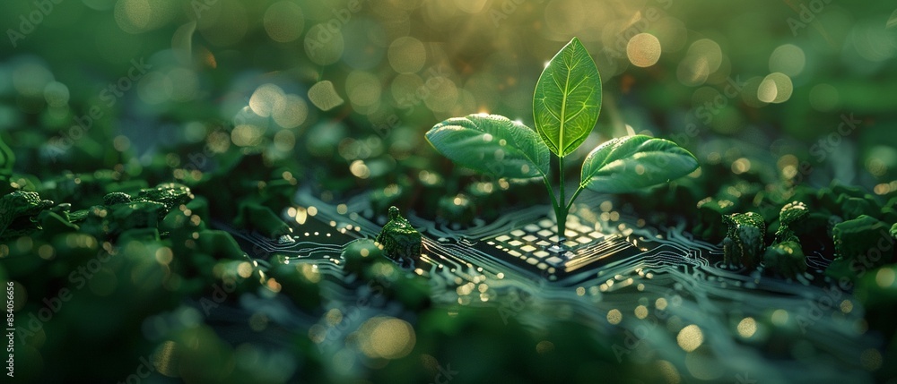 Green plant sprouting from a computer chip, symbolizing the fusion of technology and nature 8K , high-resolution, ultra HD,up32K HD Green plant sprouting from a computer chip, symbolizing the fusion of technology and nature 8K , high-resolution, ultra HD,up32K HD