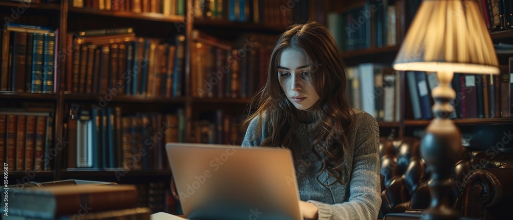 Young woman working on a laptop in a sophisticated study, flanked by rows of leatherbound books and subtle ambient lighting 8K , high-resolution, ultra HD,up32K HD Young woman working on a laptop in a sophisticated study, flanked by rows of leatherbound books and subtle ambient lighting 8K , high-resolution, ultra HD,up32K HD