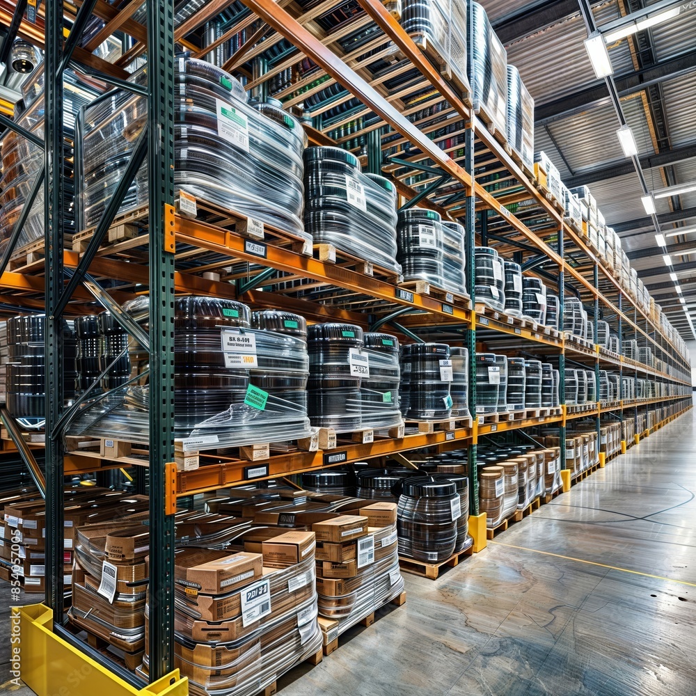 Industrial warehouse interior with rows of shelves stacked with large cable reels, highlighting organization and supply management. Industrial warehouse interior with rows of shelves stacked with large cable reels, highlighting organization and supply management.