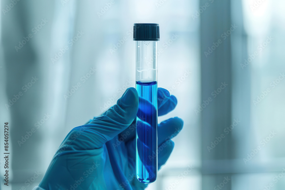 Closeup of a scientists hand holding a test tube with a blue liquid, laboratory background Closeup of a scientists hand holding a test tube with a blue liquid, laboratory background