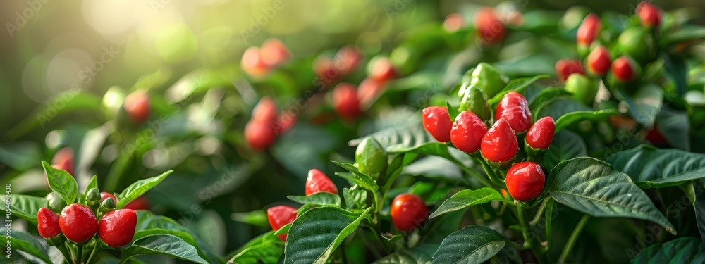 Obraz premium A vibrant red pepper group grows atop a verdant plant, generously adorned with numerous green leaves
