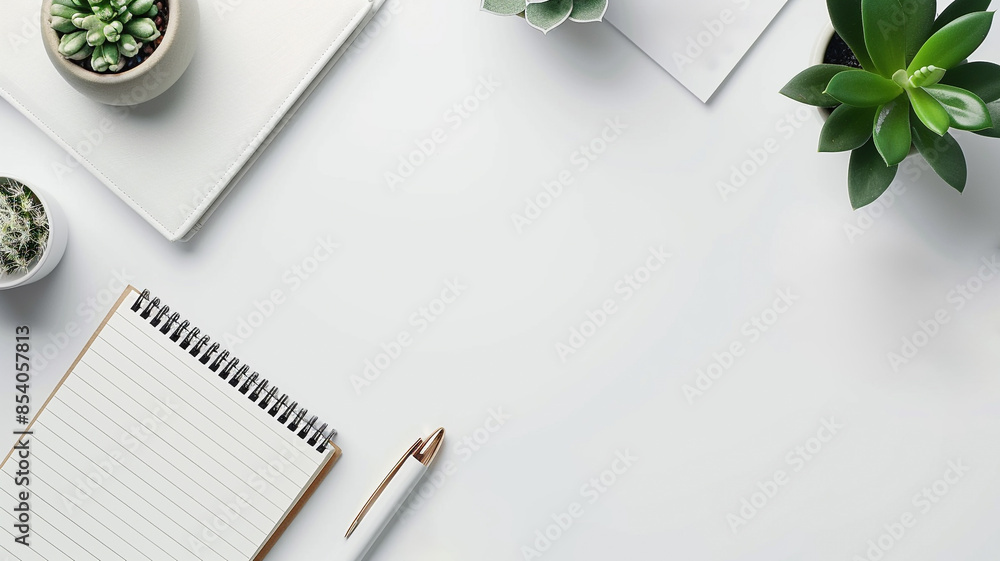 Top view of a minimalist desk setup with plants, notebook, and pen, creating a clean and organized workspace. office setups, and aesthetic work environments. Top view of a minimalist desk setup with plants, notebook, and pen, creating a clean and organized workspace. office setups, and aesthetic work environments.