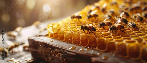 Bees on a honeyfilled honeycomb in a wooden frame, highlighting the natural craftsmanship of honey production and the industriousness of bees 8K , high-resolution, ultra HD,up32K HD photo