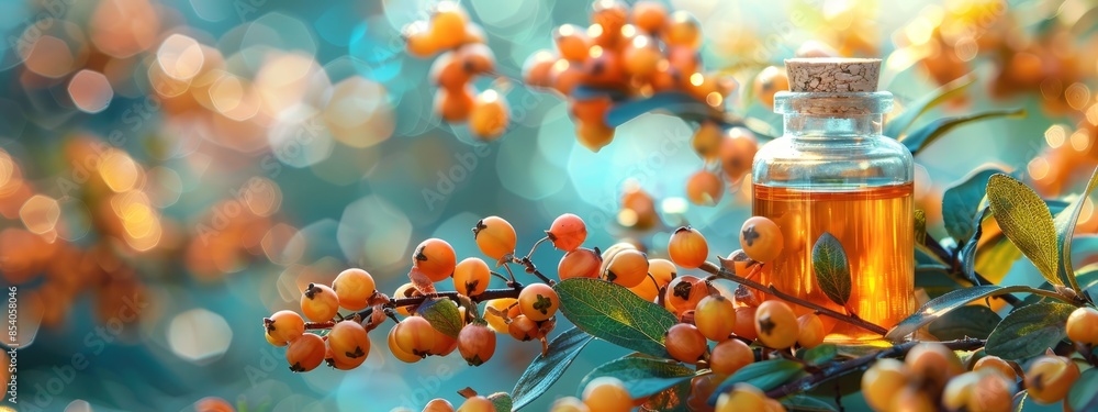 A tight shot of an oil bottle perched on a tree branch, surrounded by orange berries in the foreground A tight shot of an oil bottle perched on a tree branch, surrounded by orange berries in the foreground