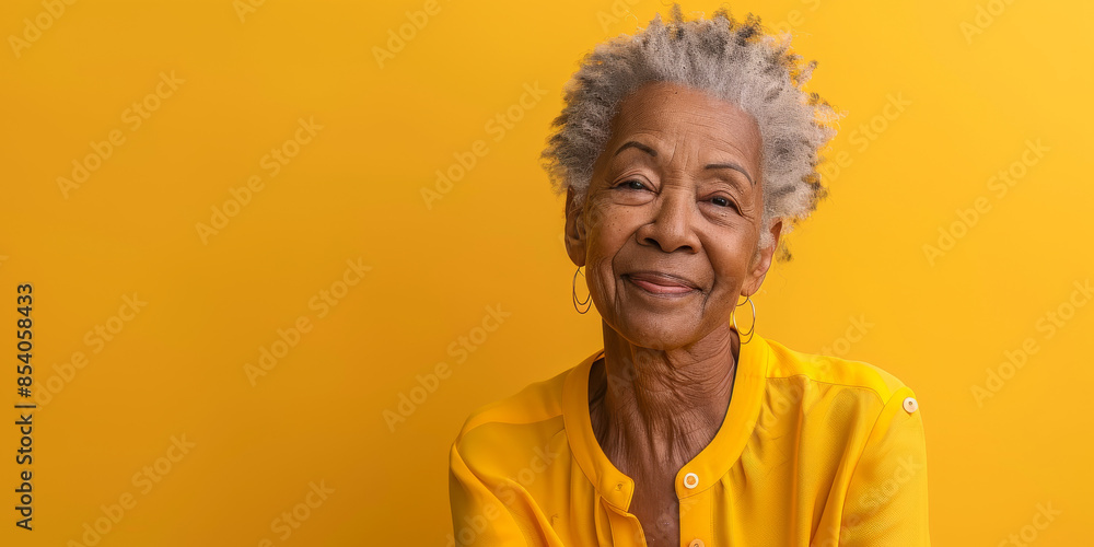 a Black elderly person in a yellow blouse, looking content with a gentle smile on a yellow studio background a Black elderly person in a yellow blouse, looking content with a gentle smile on a yellow studio background