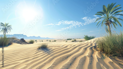 A serene desert landscape with rolling sand dunes and a lone palm tree under a bright, sunny sky, capturing the tranquil beauty of the arid environment.  © winona