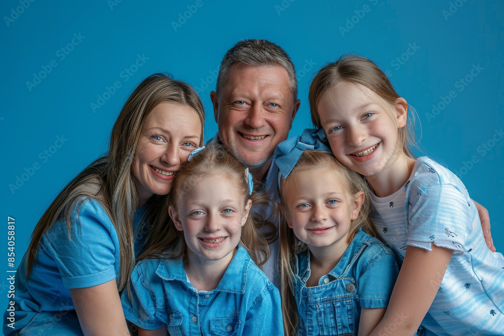 a Caucasian family in blue casual wear, having fun together on a blue studio background a Caucasian family in blue casual wear, having fun together on a blue studio background