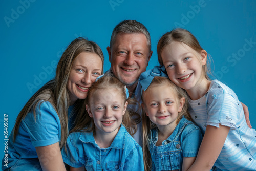 a Caucasian family in blue casual wear, having fun together on a blue studio background