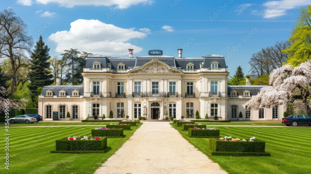 a luxury mansion in spring, featuring a large lawn and white flowers in front, with a classic exterior design including columns at the entrance and tall towers on either side. a luxury mansion in spring, featuring a large lawn and white flowers in front, with a classic exterior design including columns at the entrance and tall towers on either side.