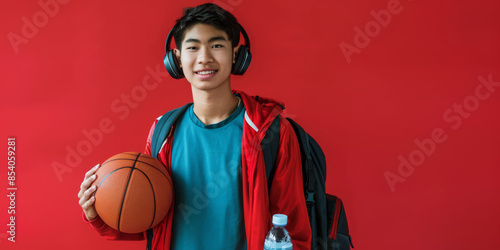 a Confident Asian Teenager: A teenager looking confident while holding a basketball, with a backpack, headphones, and a water bottle on a red studio background. They are dressed in casual, trendy
