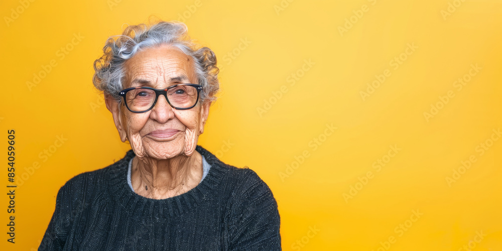 a Hispanic elderly person with a kind expression on a yellow studio background a Hispanic elderly person with a kind expression on a yellow studio background