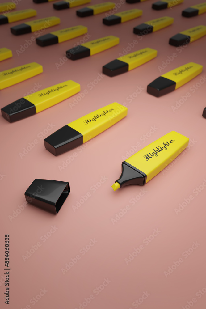 Close up of a yellow highlighter with copy space. 3d illustration. Close up of a yellow highlighter with copy space. 3d illustration.