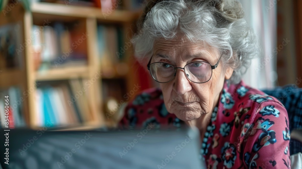 Elderly woman paying bills online, focusing intently on her laptop screen Elderly woman paying bills online, focusing intently on her laptop screen