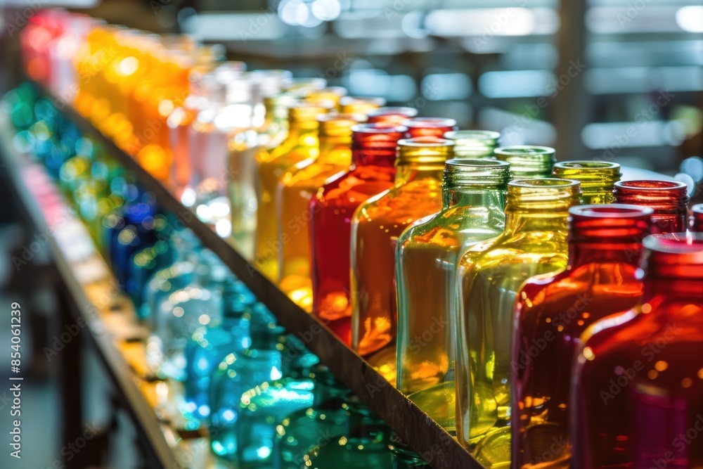 Vibrant collection of colored glass bottles on a conveyor belt in a recycling facility, showcasing the recycling process of glass. Vibrant collection of colored glass bottles on a conveyor belt in a recycling facility, showcasing the recycling process of glass.