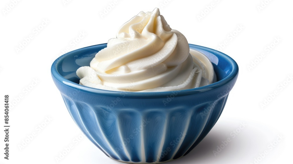 Blue bowl with yogurt cream with isolated background Blue bowl with yogurt cream with isolated background