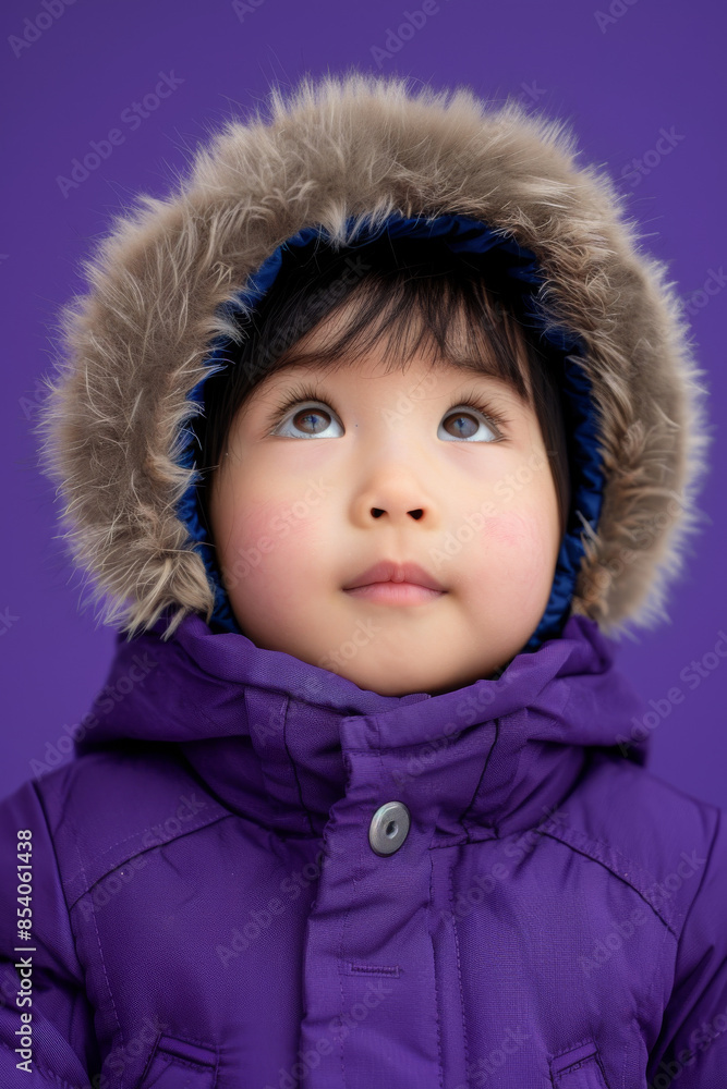 a Japanese child in a purple winter coat, looking in awe on a purple studio background a Japanese child in a purple winter coat, looking in awe on a purple studio background
