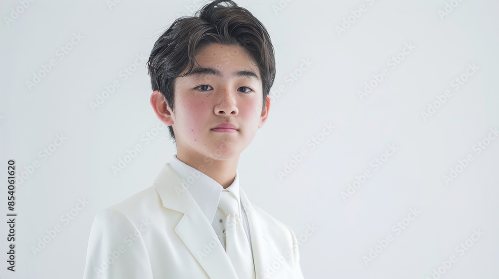 a Japanese teenager in white formal wear, looking determined on a white studio background a Japanese teenager in white formal wear, looking determined on a white studio background