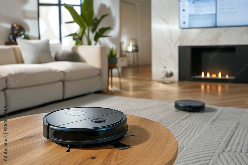 Robot vacuum on wooden table in a cozy room Robot vacuum on wooden table in a cozy room